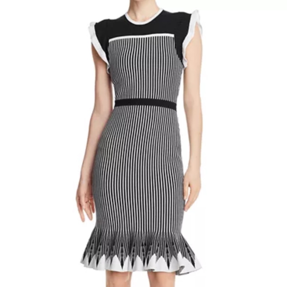 Shoshanna Sinead Knit Fluted Hem Dress Black White Size Small